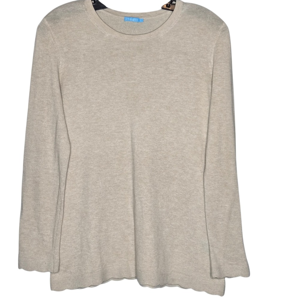 J. McLaughlin Women's Small Beige Cashmere Blend Crewneck Sweater Scallop Hem